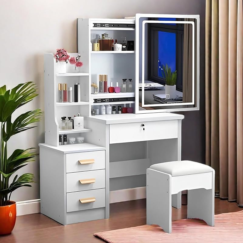 Montary Drawers Lighting Brightness Adjustable Dressing Table and Stool
